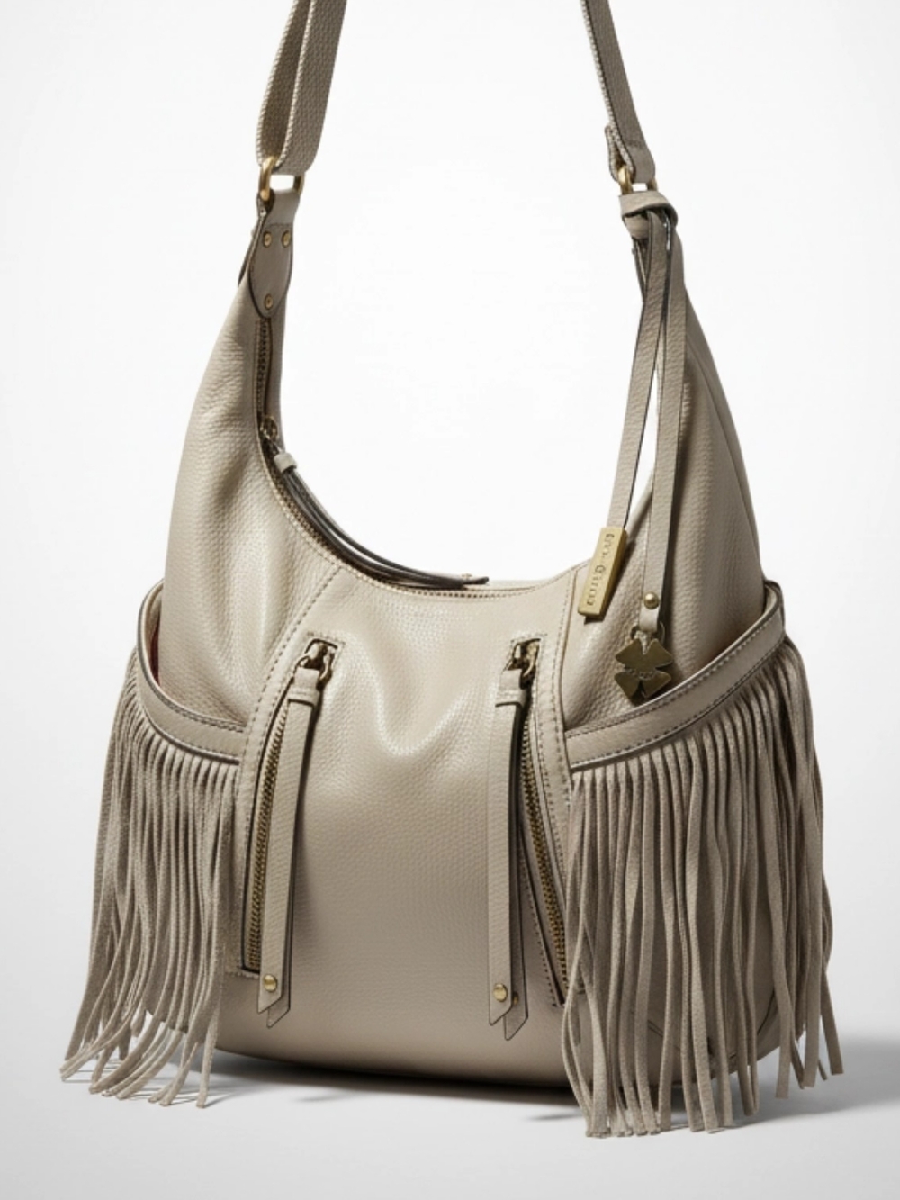 Lucky Brand Vtg. Smoke Gray/Toupe Pebbled Leather Fringe Hobo Crossbody Bag - Picture 1 of 15